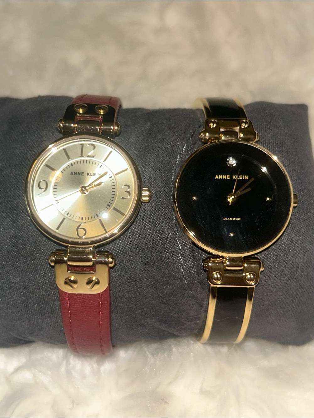 Anne Klein Gold-Tone Watches with Burgundy Strap & Black Bracelet